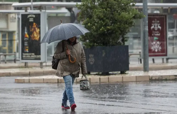 Pessoa a caminhar abrigada com guarda-chuva aberto durante chuva